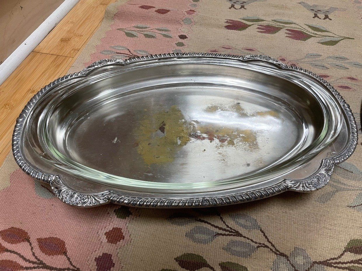 Silver Plated Oval Platter Buffet Server w Glass Pyrex Insert 2