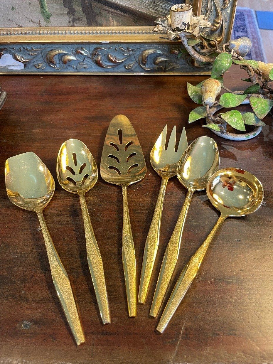 Vintage Gold Washed Florentine Flatware Set Service of 6 + Additives & Serving Pieces 2