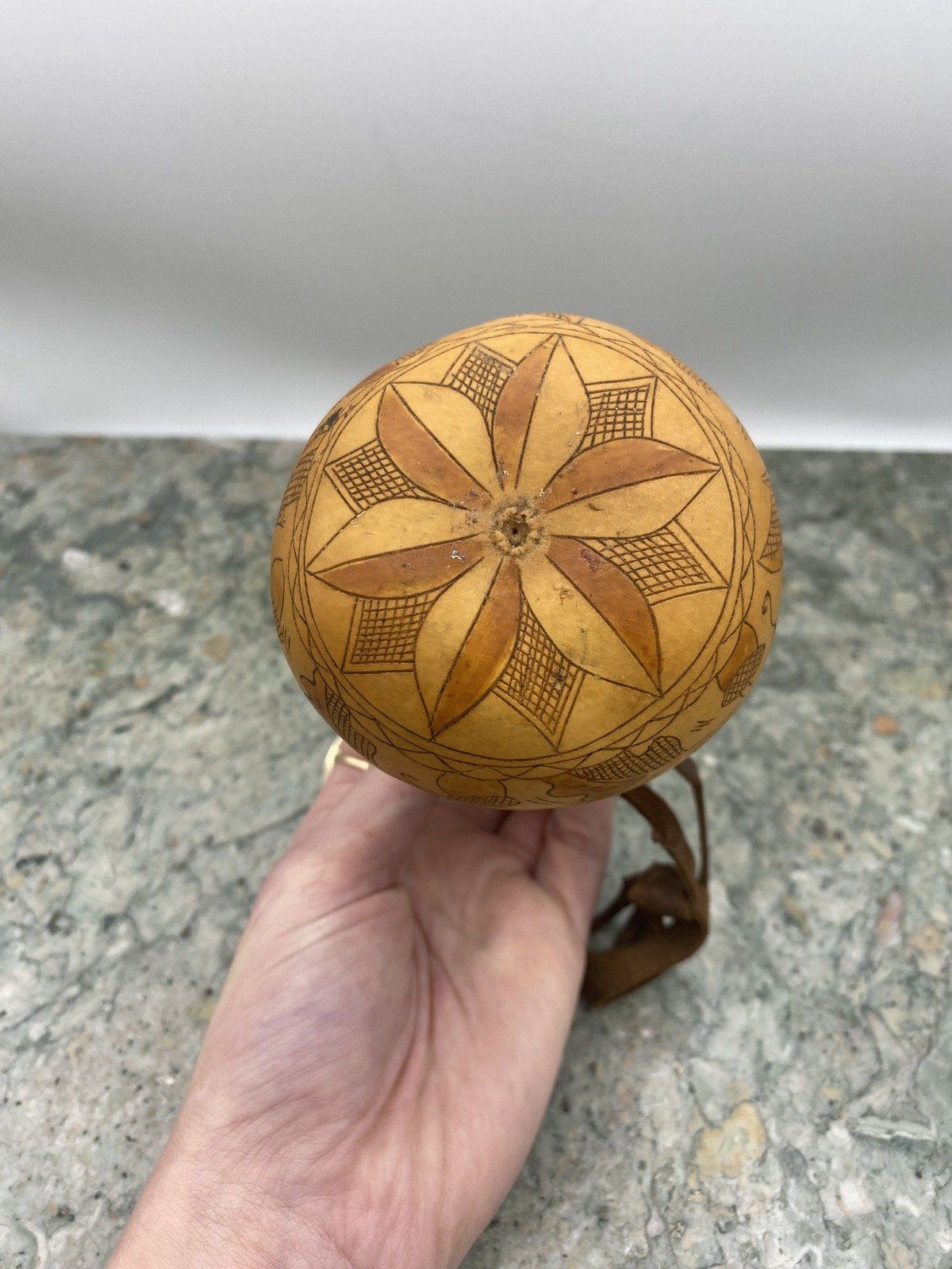 African Decorative Gourd Vessel w Leather Strap 5