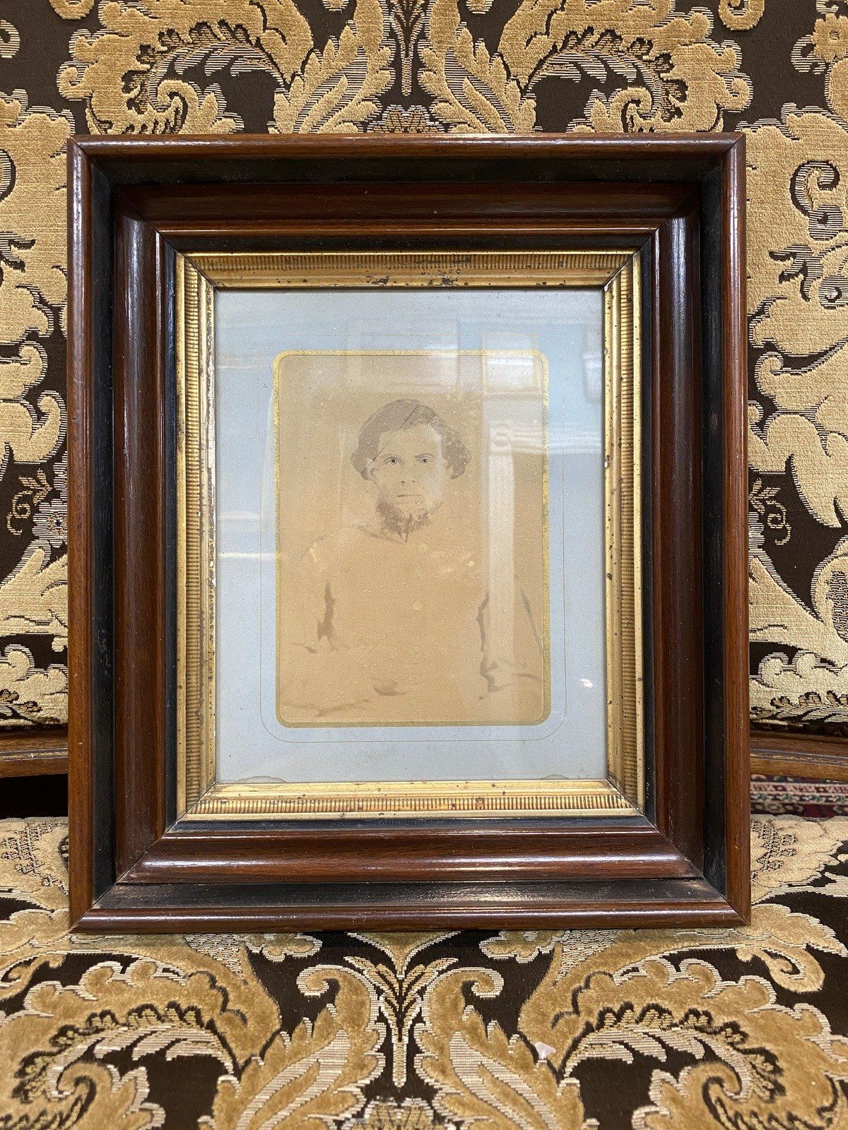 c.1890 Graphite + Printed Hand Detailed Portrait of Man in Deepwell Gilt Frame 14X12