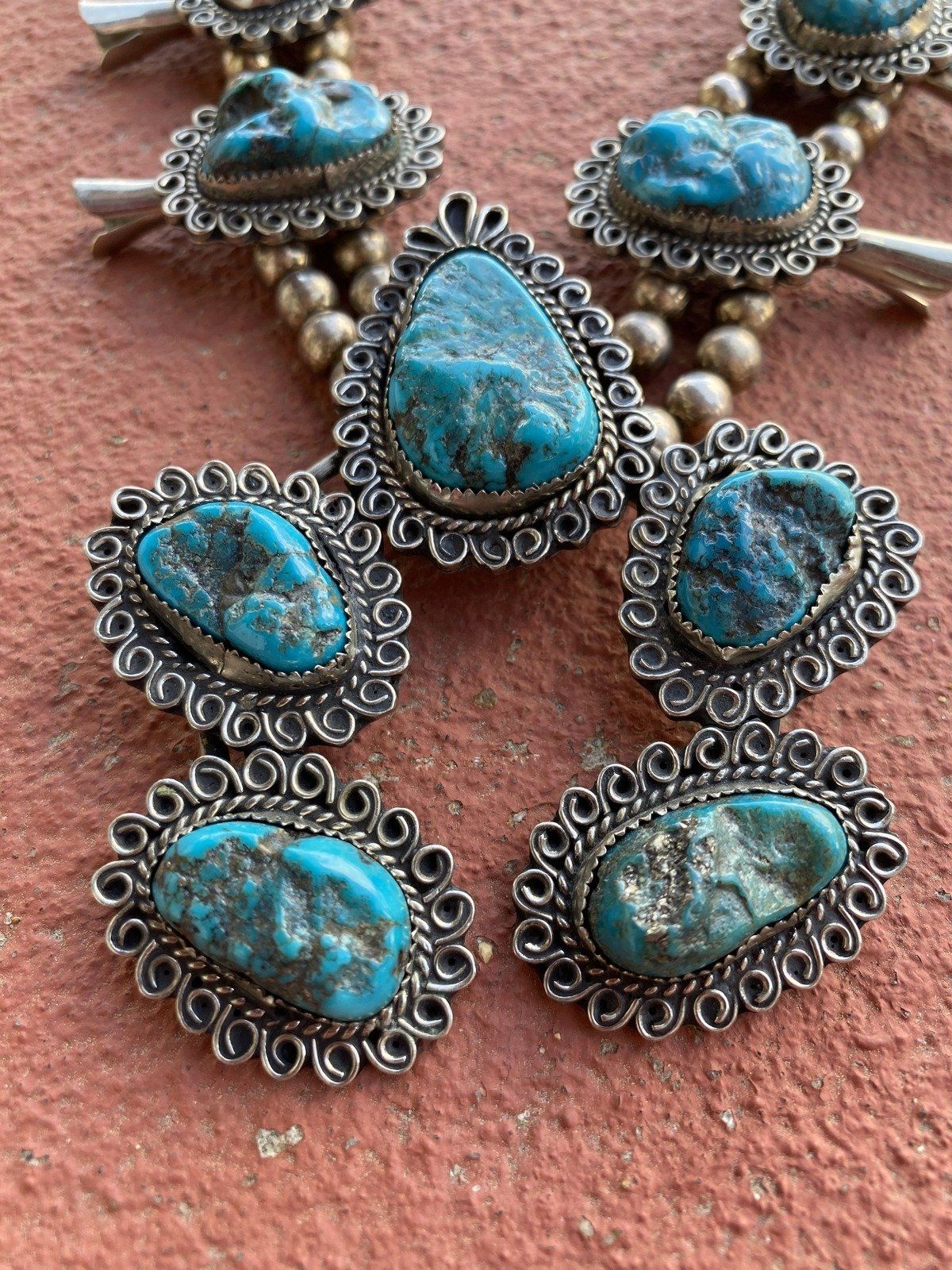Vintage c.1970s Unsigned Navajo Native American Turquoise Squash Blossom Necklace 3