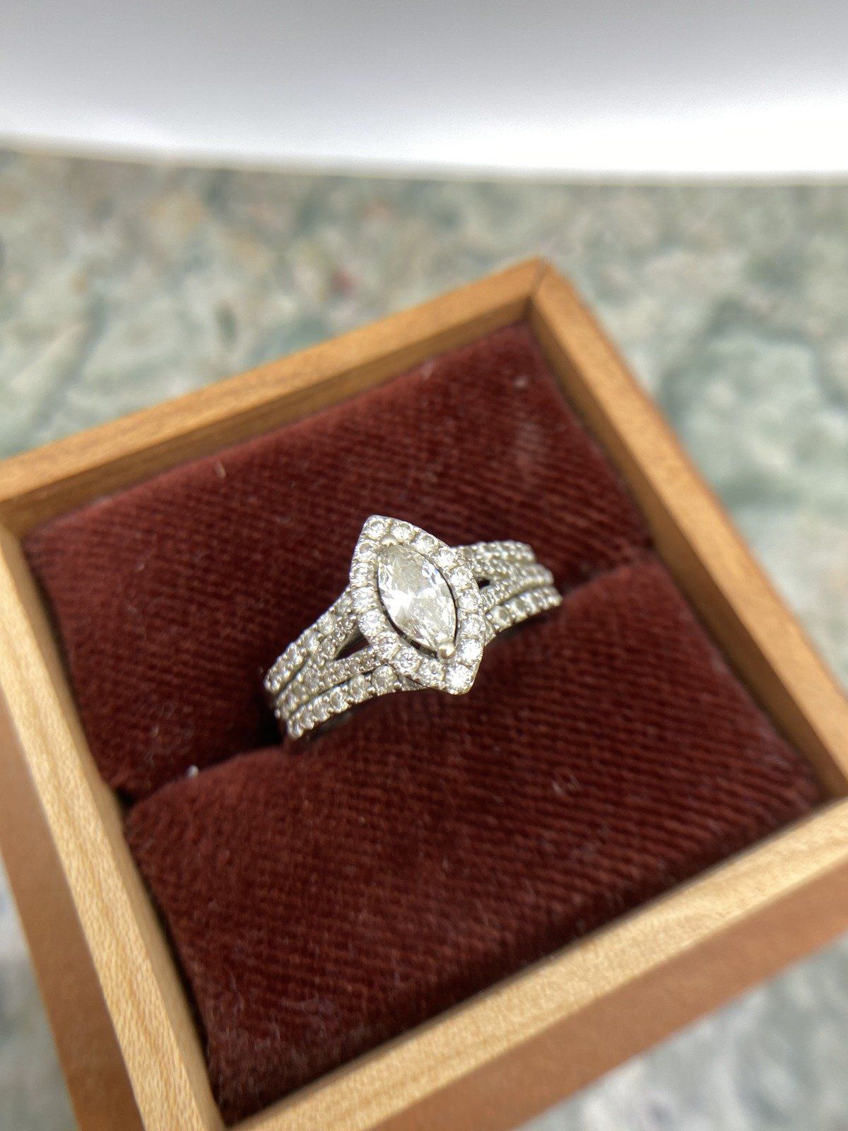 14k White Gold Marquise Diamond Bridal Ring w Soldered Band Guard #2542 3