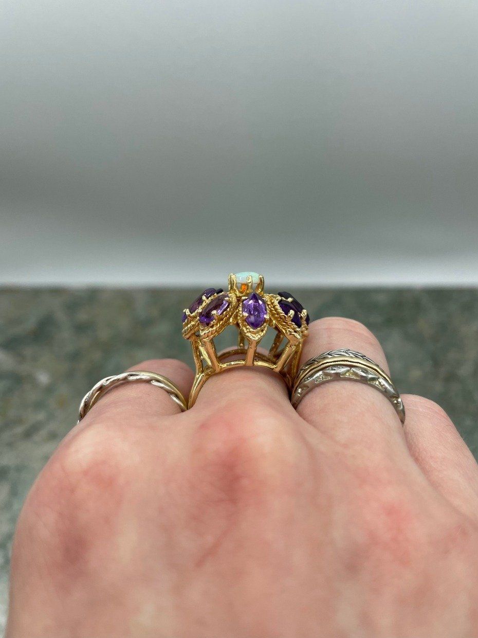 Antique Marquise Cut Deep Purple Amethyst + Opal Cluster Ring 8