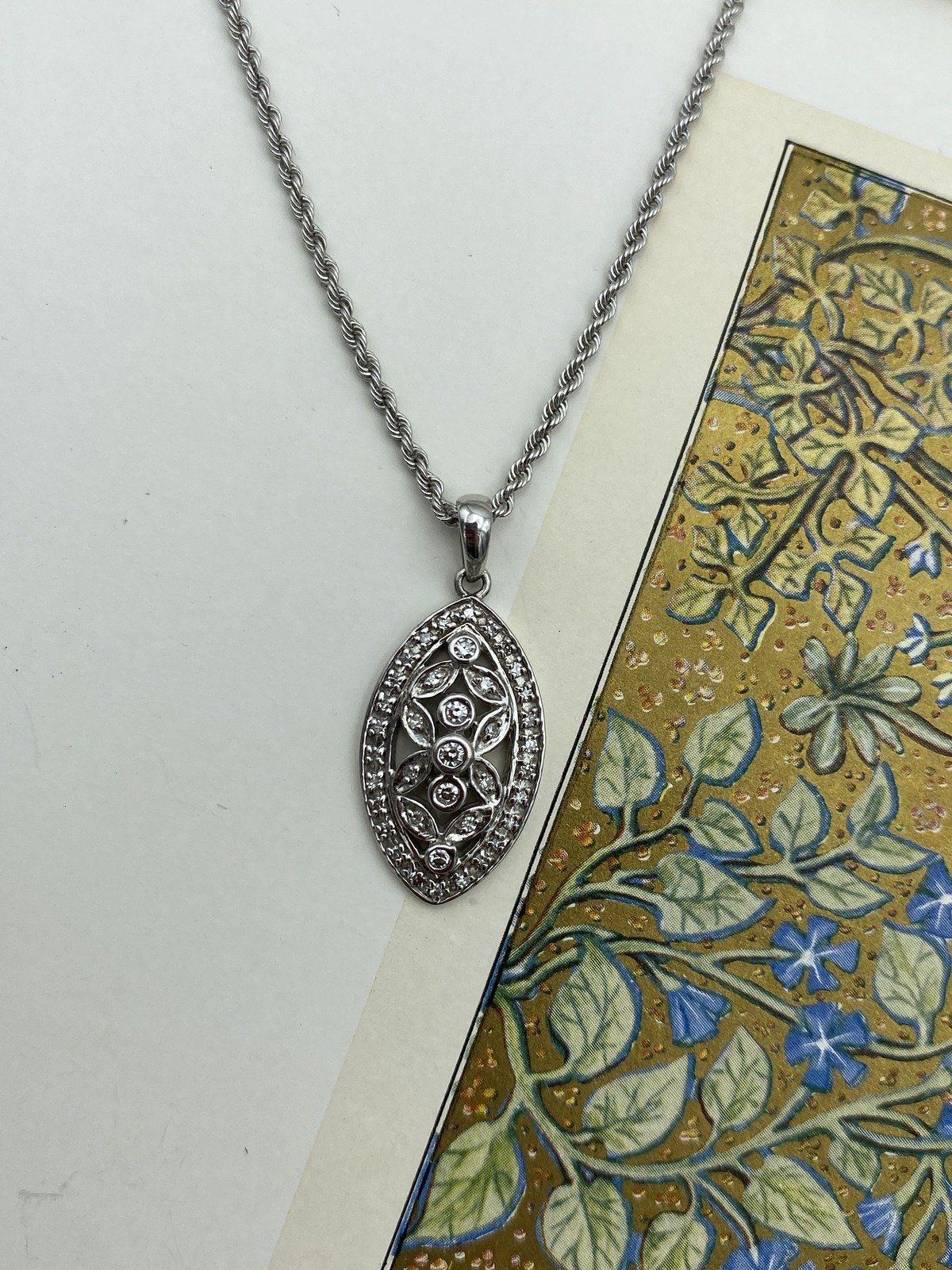 14k White Gold Almond Bezel Diamond Drop Necklace 18L 2