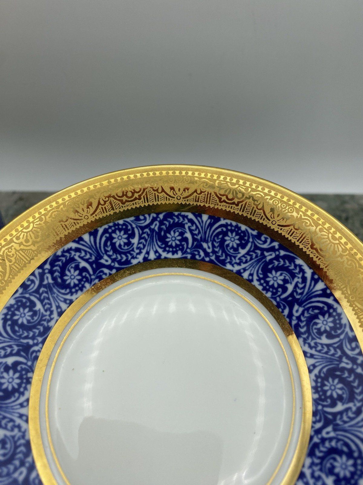 Legle Porcelaine d'Art Limoges French Flow Blue Acanthus + Gilt Demitasse Teacup + Saucer 4
