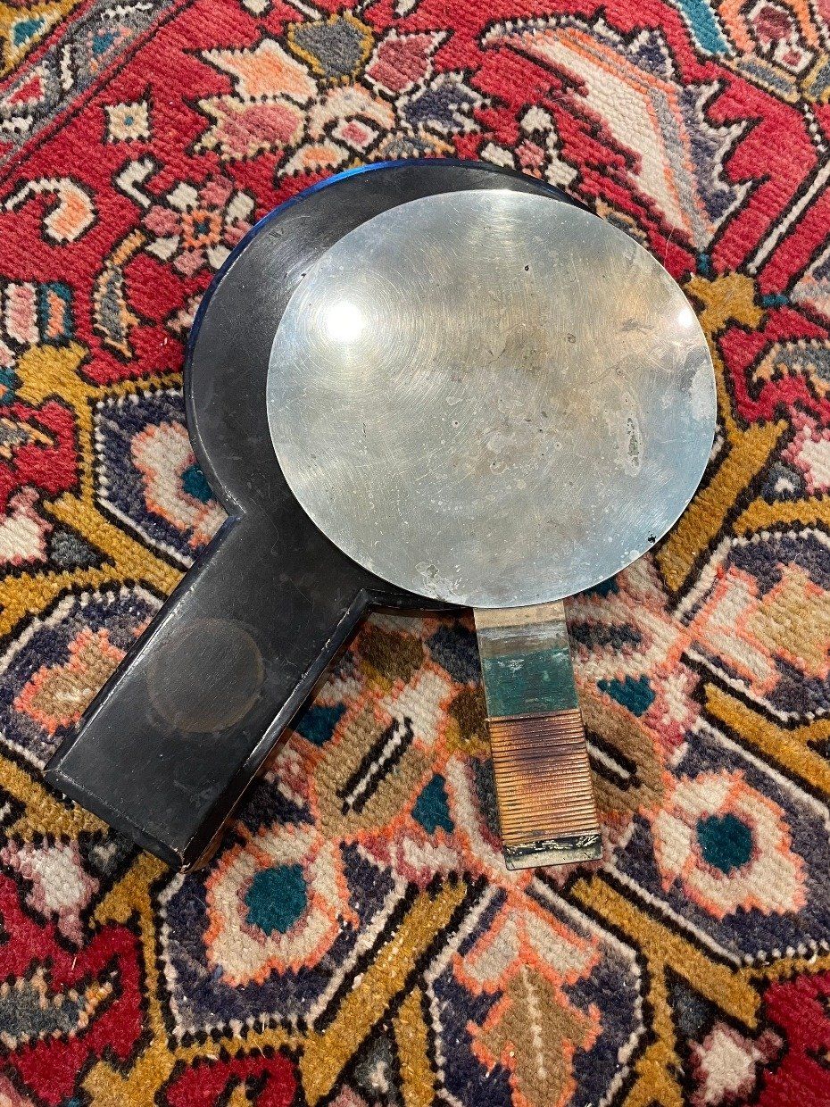 Atq Late 19th c. Japanese Bronze + Steel Repousse Hand Mirror + Laquer Box 2