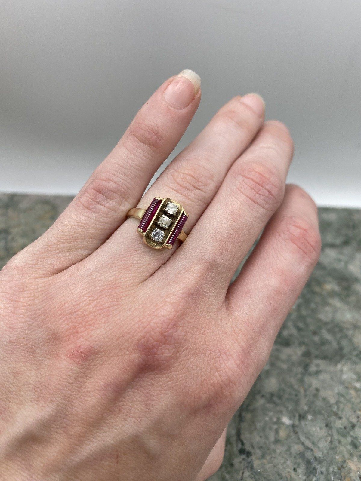 Antique 10k Gold Red Glass Column + Paste CZ Ring 4