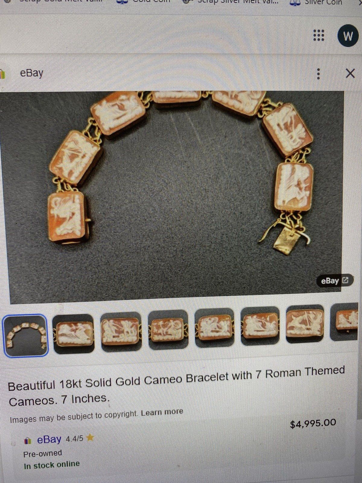 Vintage 18k Gold Large Hexagonal Cameo 7.75 Bracelet 14