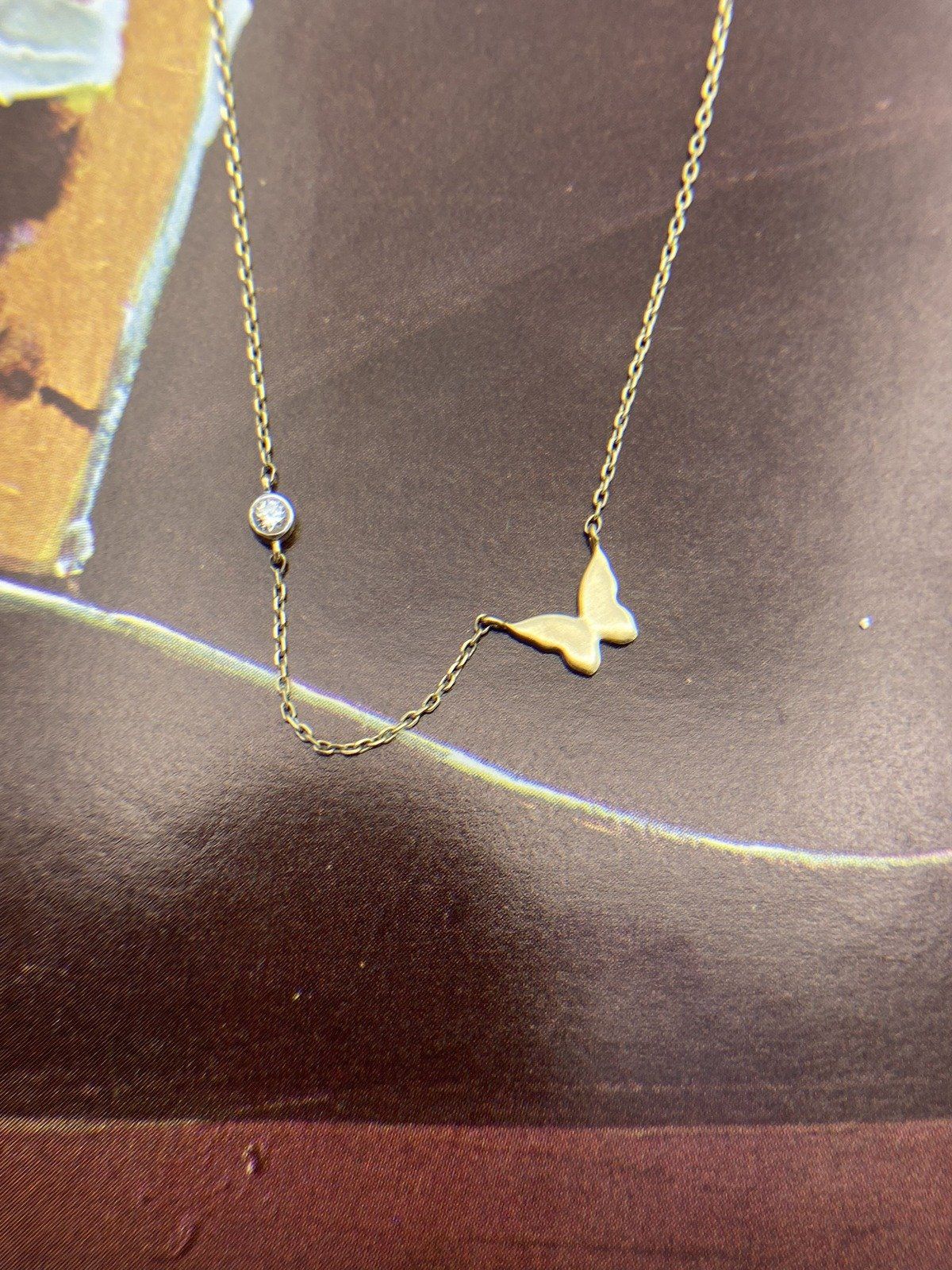 14k Butterfly Necklace w Small Bezel Set Diamond Chain Detail 16L 7