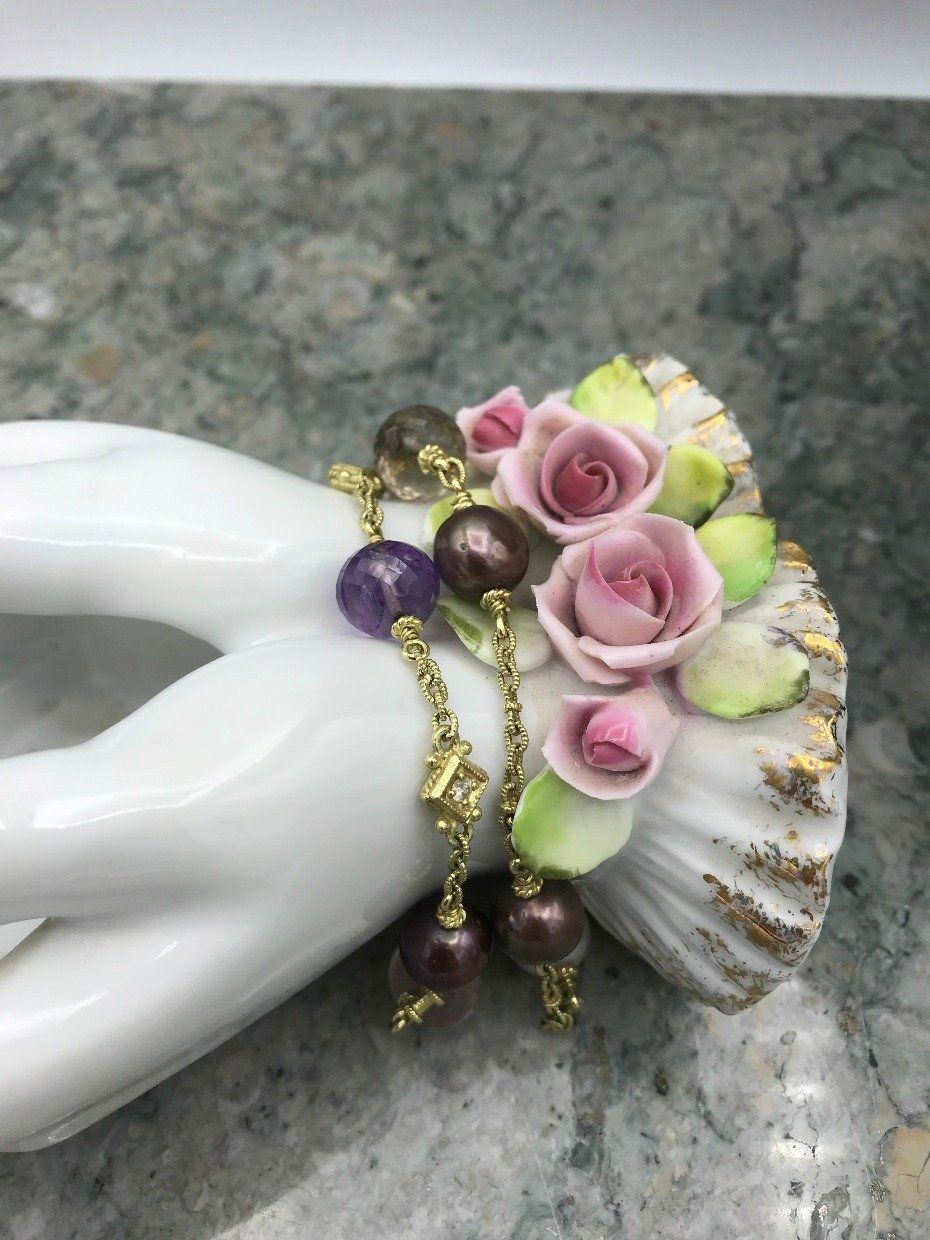 Designer Vintage 18k Gold Judith Ripka Diamond + Rose Qtz + Pearl 4pc Parure *SET* 8