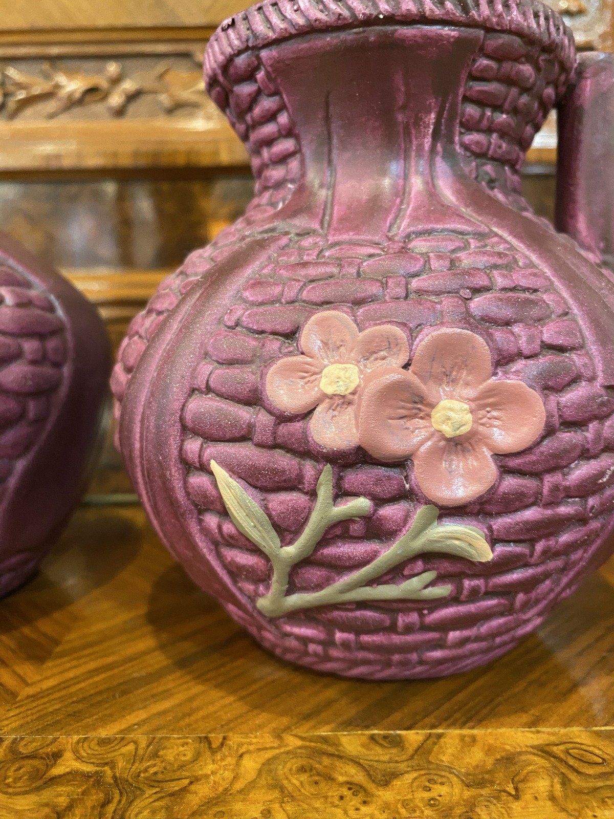 Pair of Unidentified Basket Weave + Floral Ceramic Ewer Vases 6