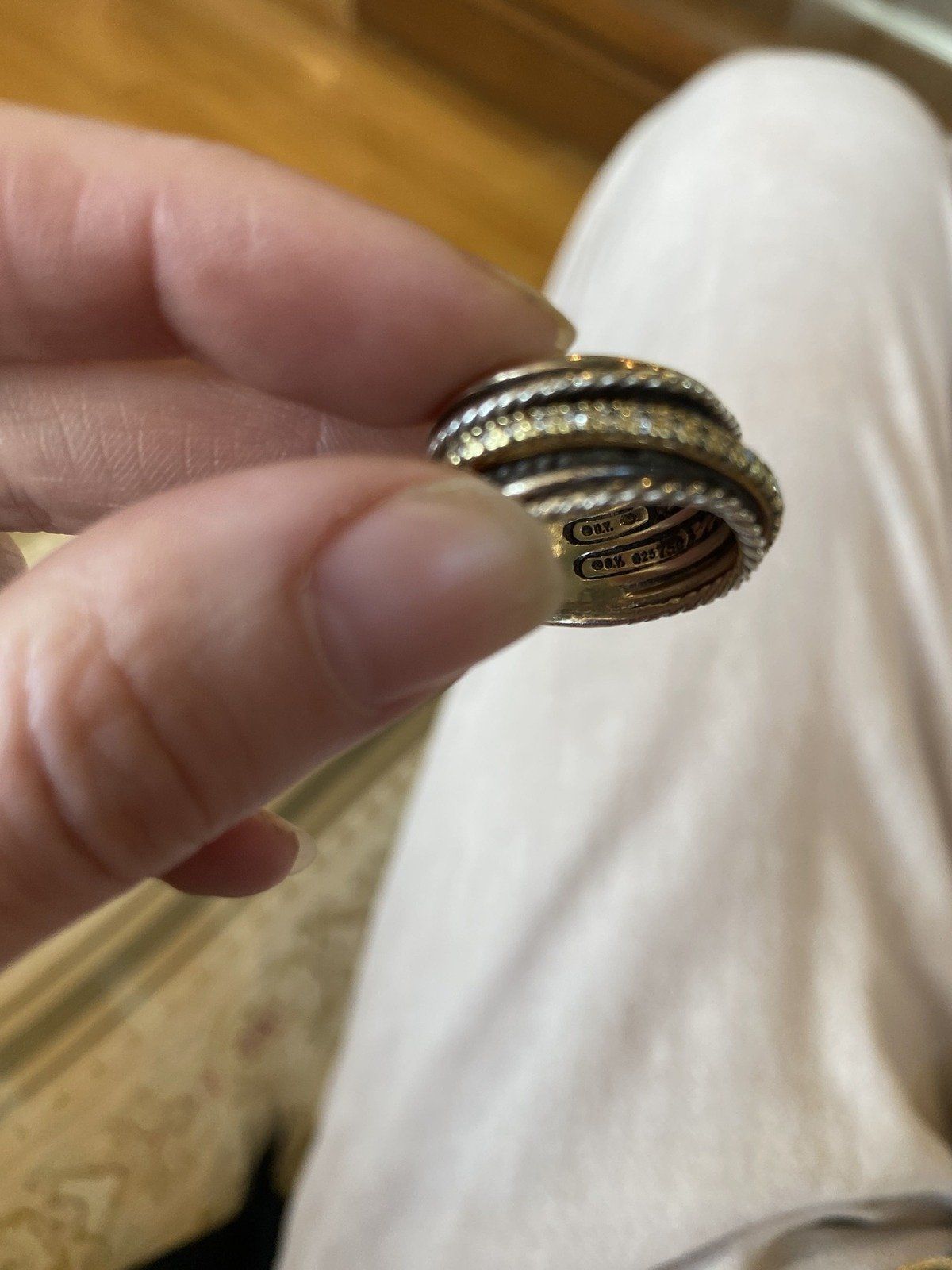 David Yurman Sterling Silver + 18k Multi Stack Cable Twist Pave Diamond Cuff Ring Band 2