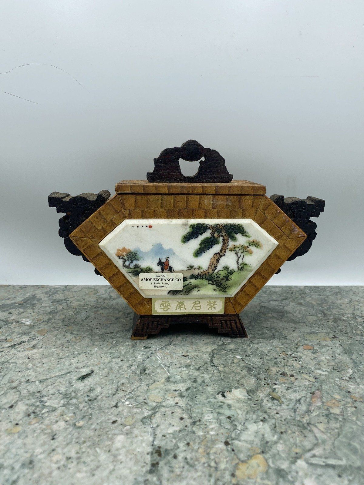 Unique Wooden Tea Caddy w Singapore Figural Panel