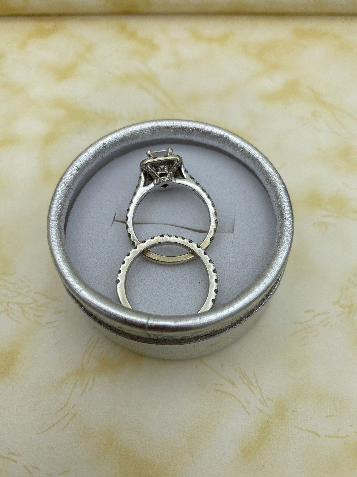 14k White Gold Neil Lane .88ct Princess Cut Diamond Engagement Ring w Sizeable Diamond Halo + Band w Retro Fitting Guard 5