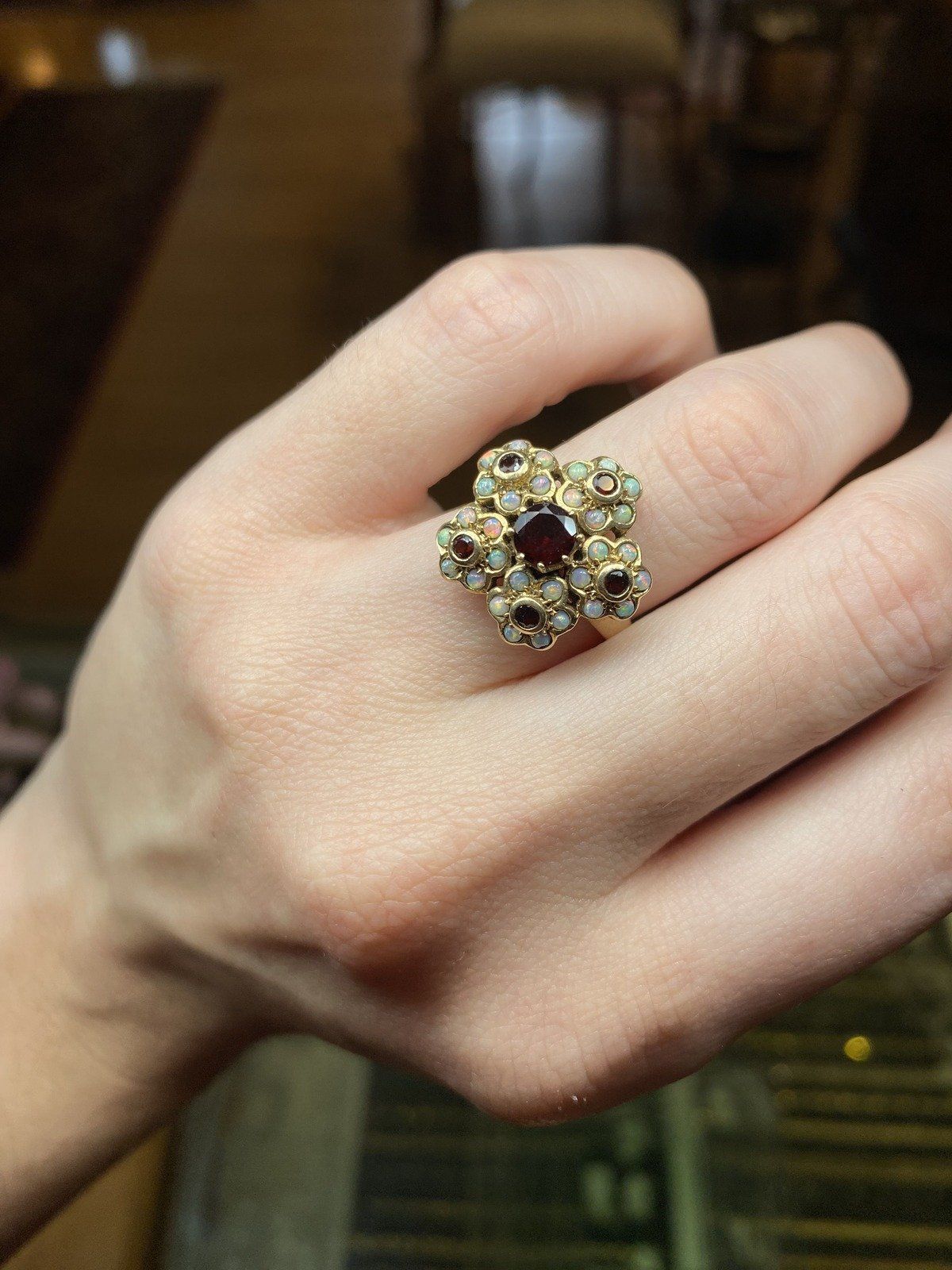 Vintage c.1940s/50s 10k Gold Micro Opal Florette + Garnet Cluster Ring 10