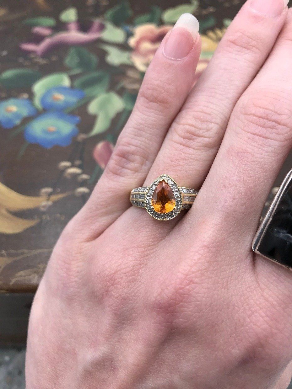 14k Gold Pear Cut Citrine + Diamond Ring w Baguettes 4
