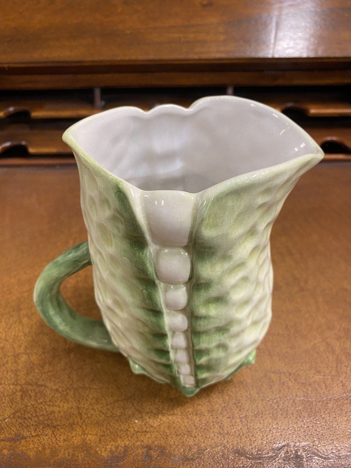 Vintage San Marco Majolica Pea Pod Drink Pitcher 6.75 9