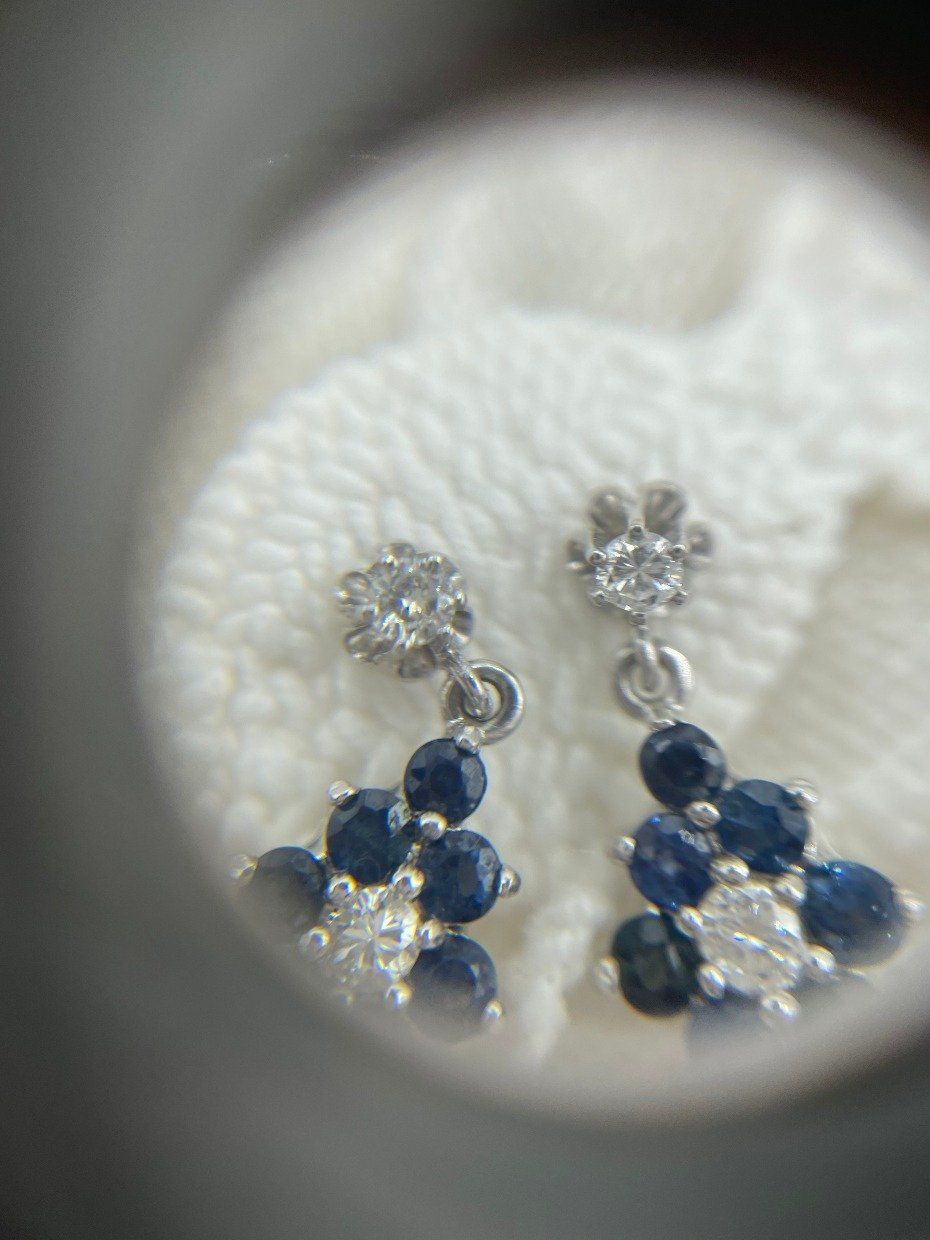 14k White Gold .4ctw Diamond + Natural 1.12ctw Blue Sapphire Cluster Drop Earrings w Buttercup Set Diamond Lobe Stud 3