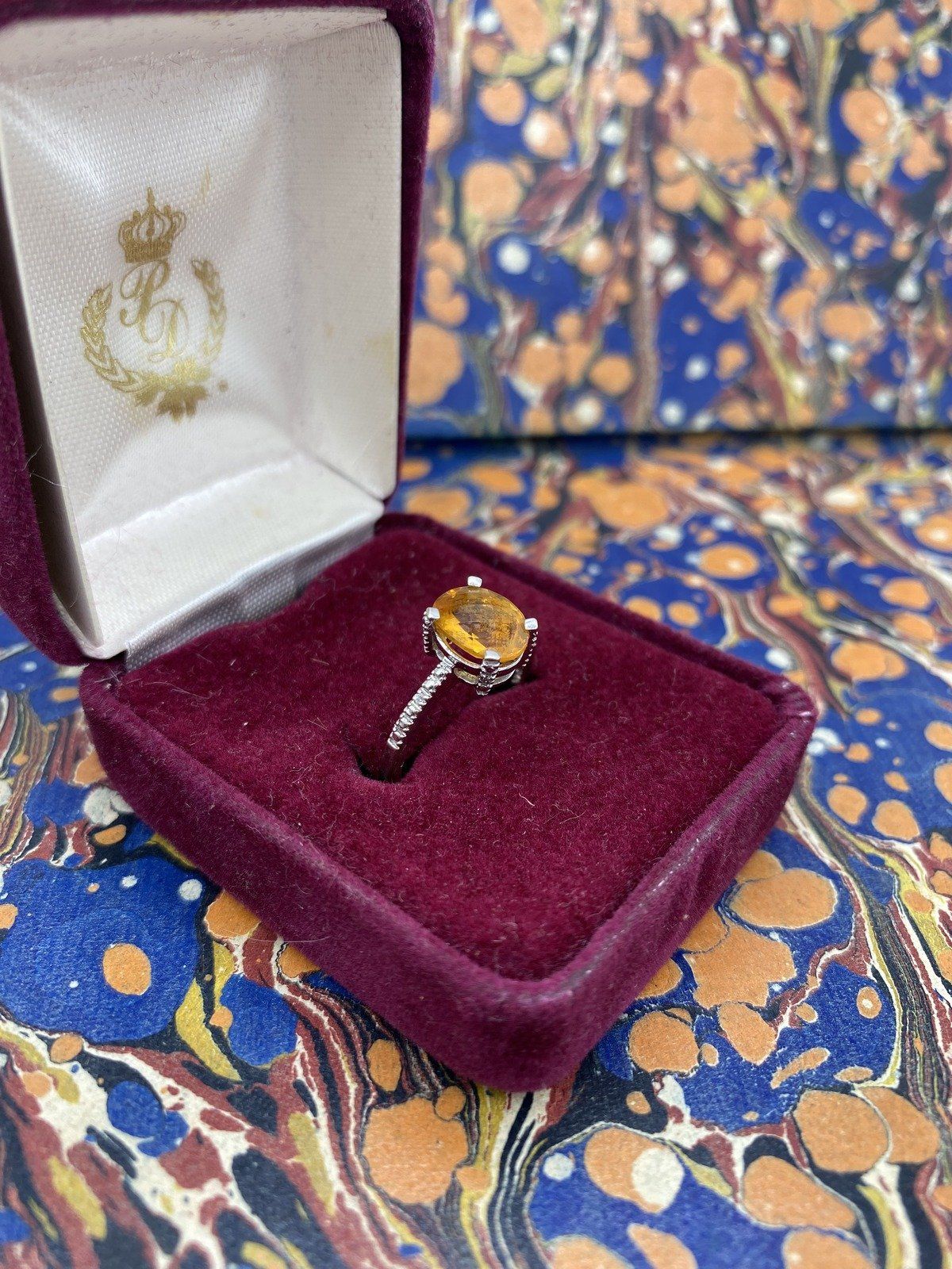 Classic 10k White Gold Brioletted Citrine + Diamond Shoulder Ring 3