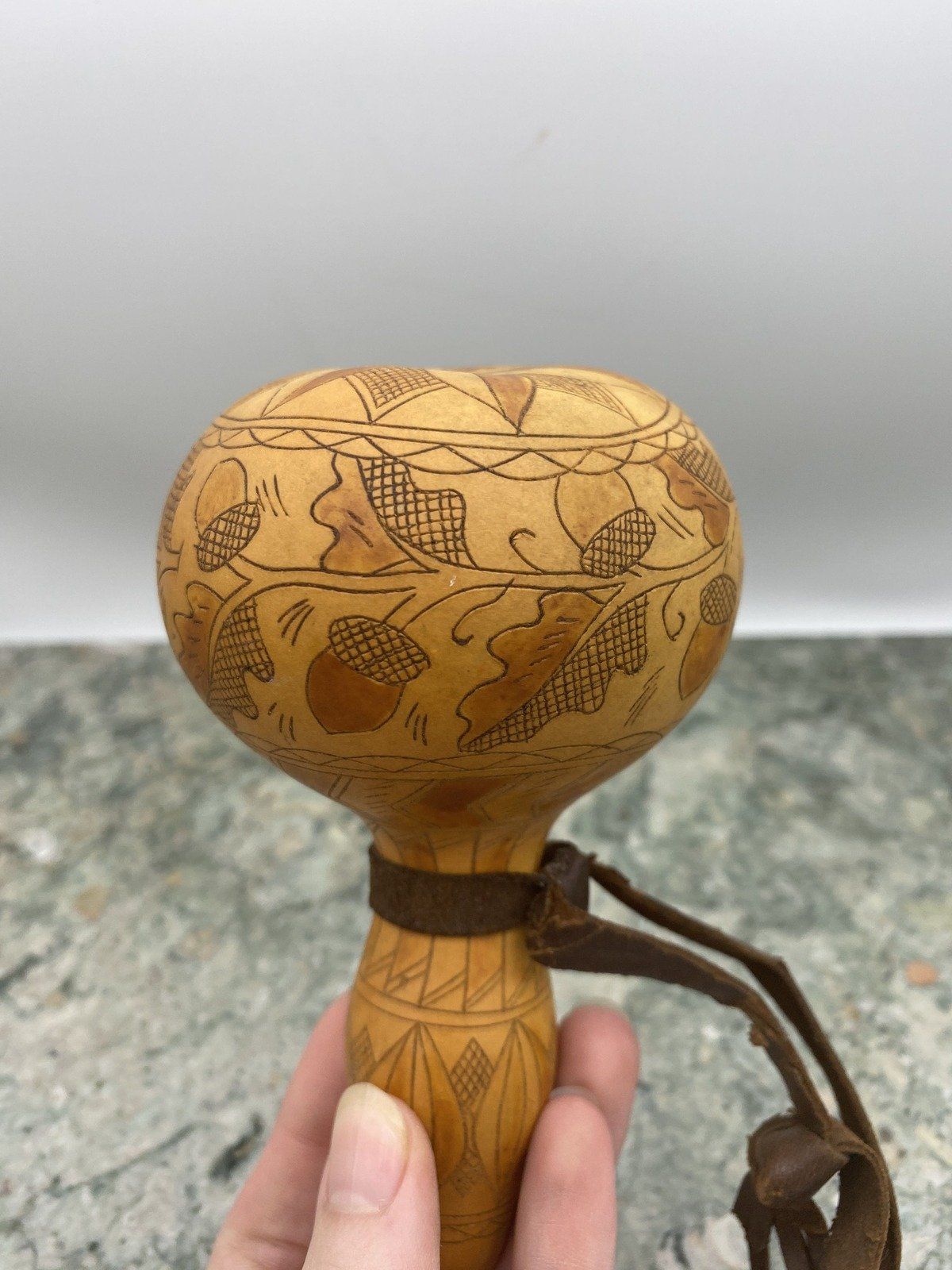African Decorative Gourd Vessel w Leather Strap 3
