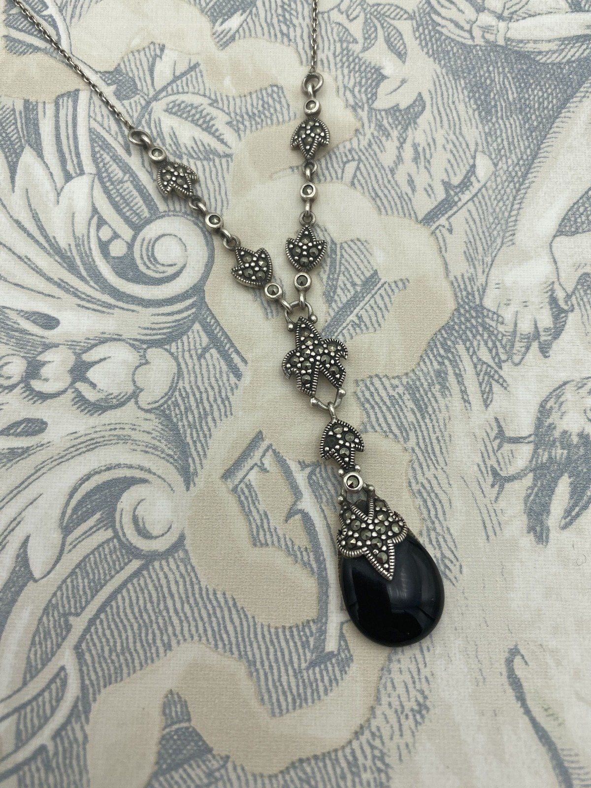 Vintage Sterling Silver Marcasite + Black Onyx Lariat Y Necklace 16L 2