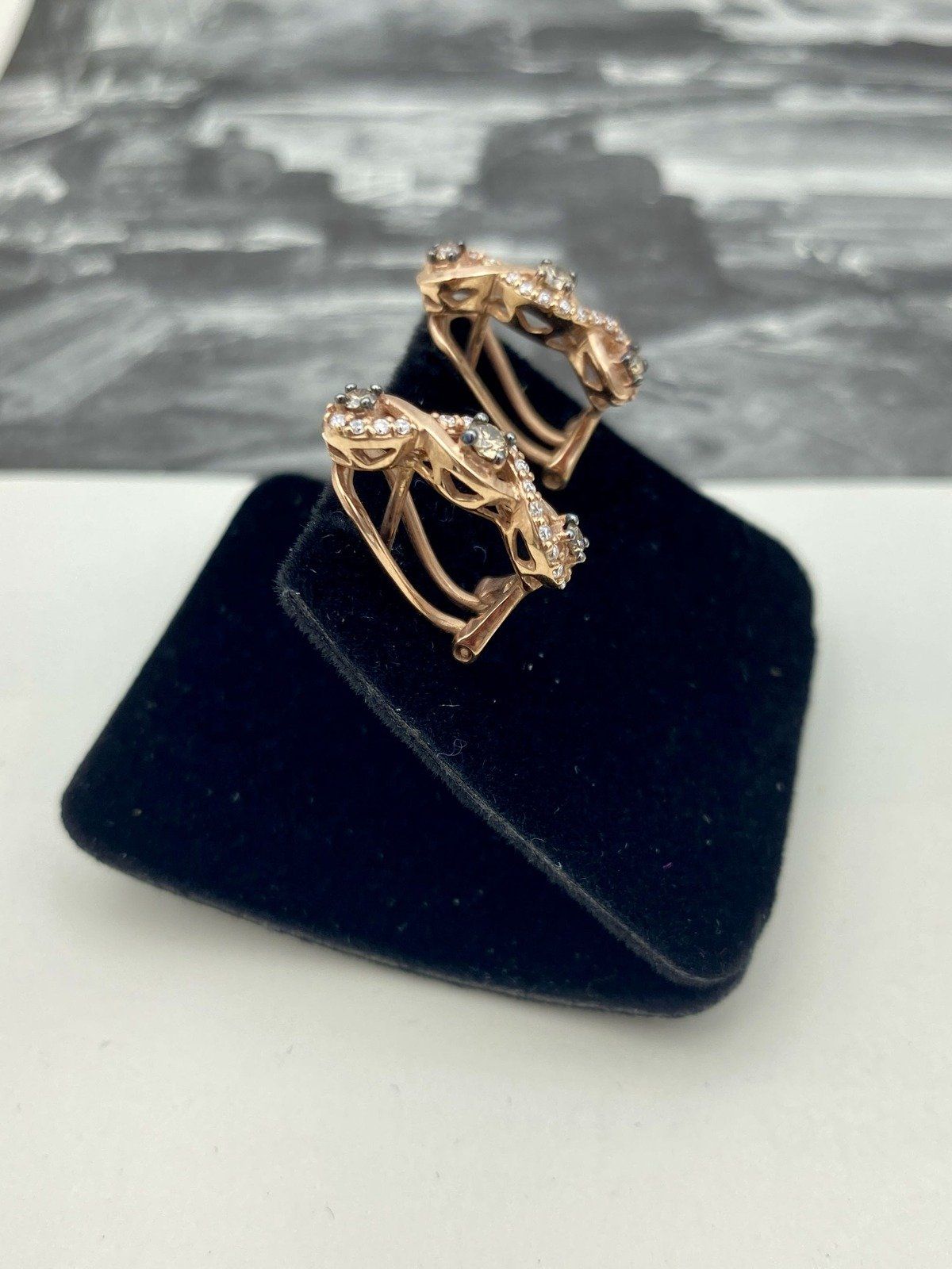 14k Rose Gold LeVian Chocolate Diamond Semi Hoop Omega Clip Huggie Earrings #2194 3