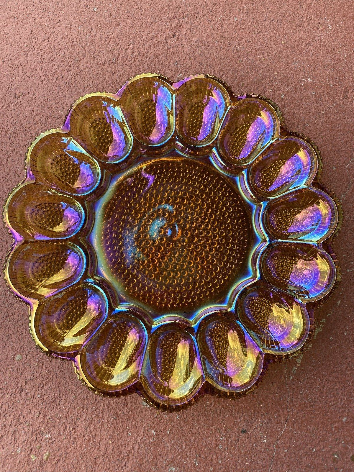 Marigold Vintage Carnival Glass Deviled Egg Scalloped + Hobnail Platter 2