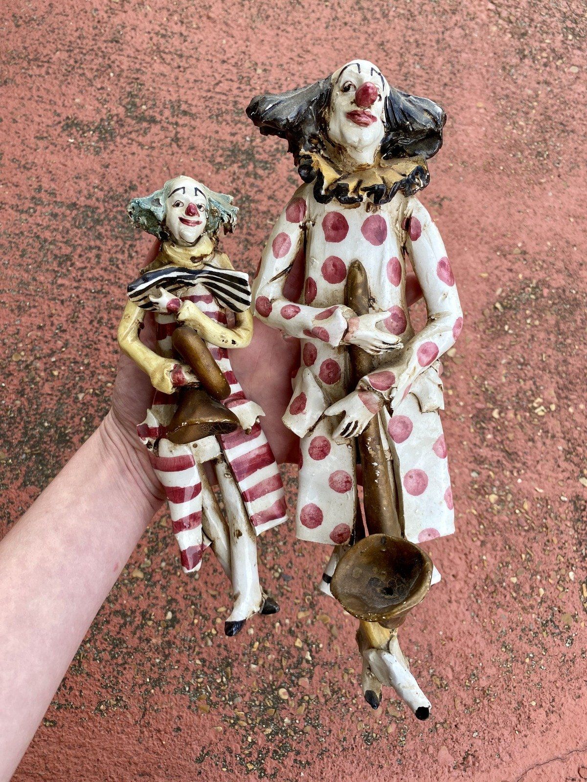 Pair of Vintage Handmade Pottery Painted Hobo Pucci Style Clown Scluptures 2