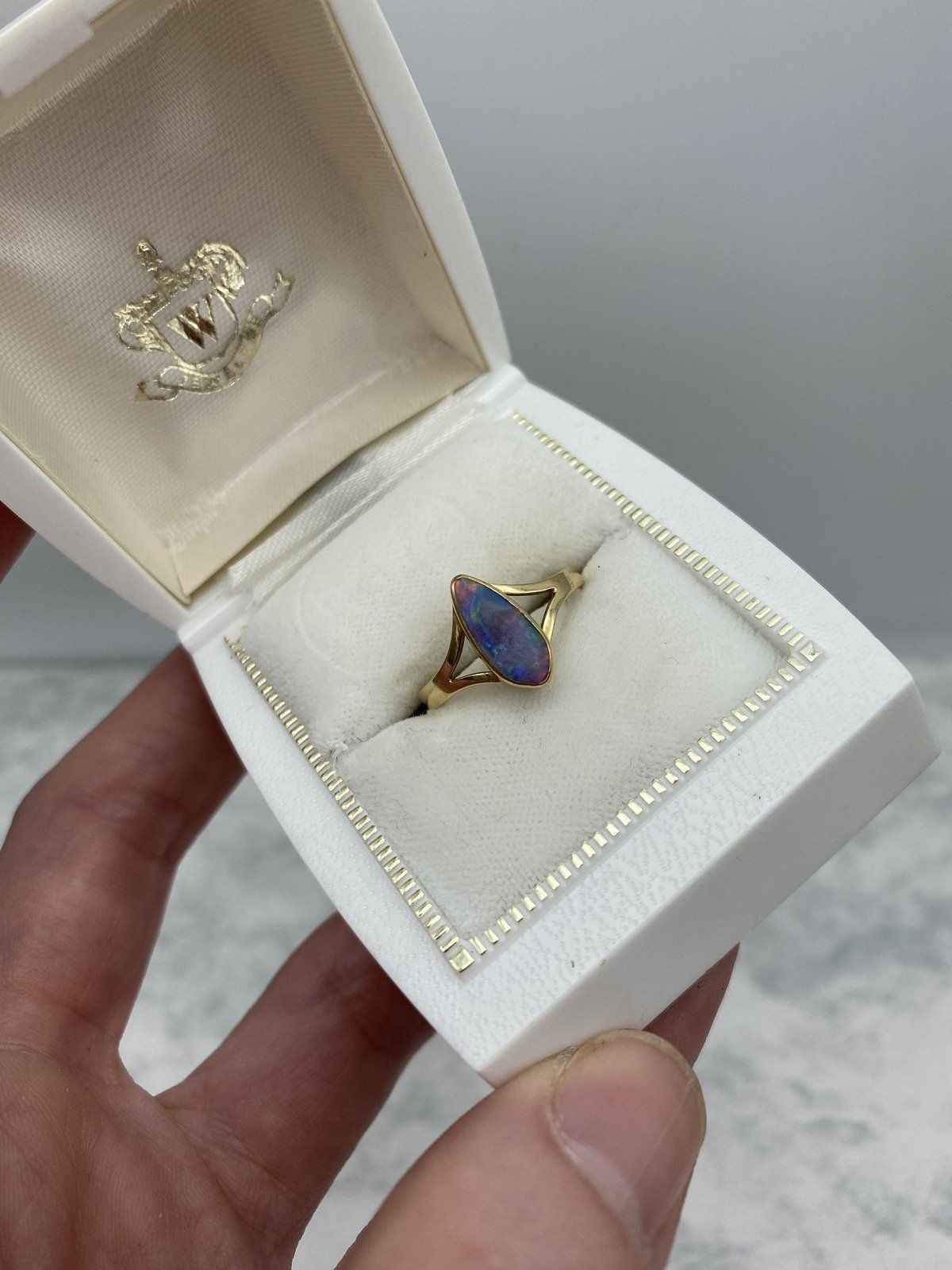 Lovely Narrow Pear 14k Gold Black Opal Ring w Lovely Fire + Split Shoulder Design 2
