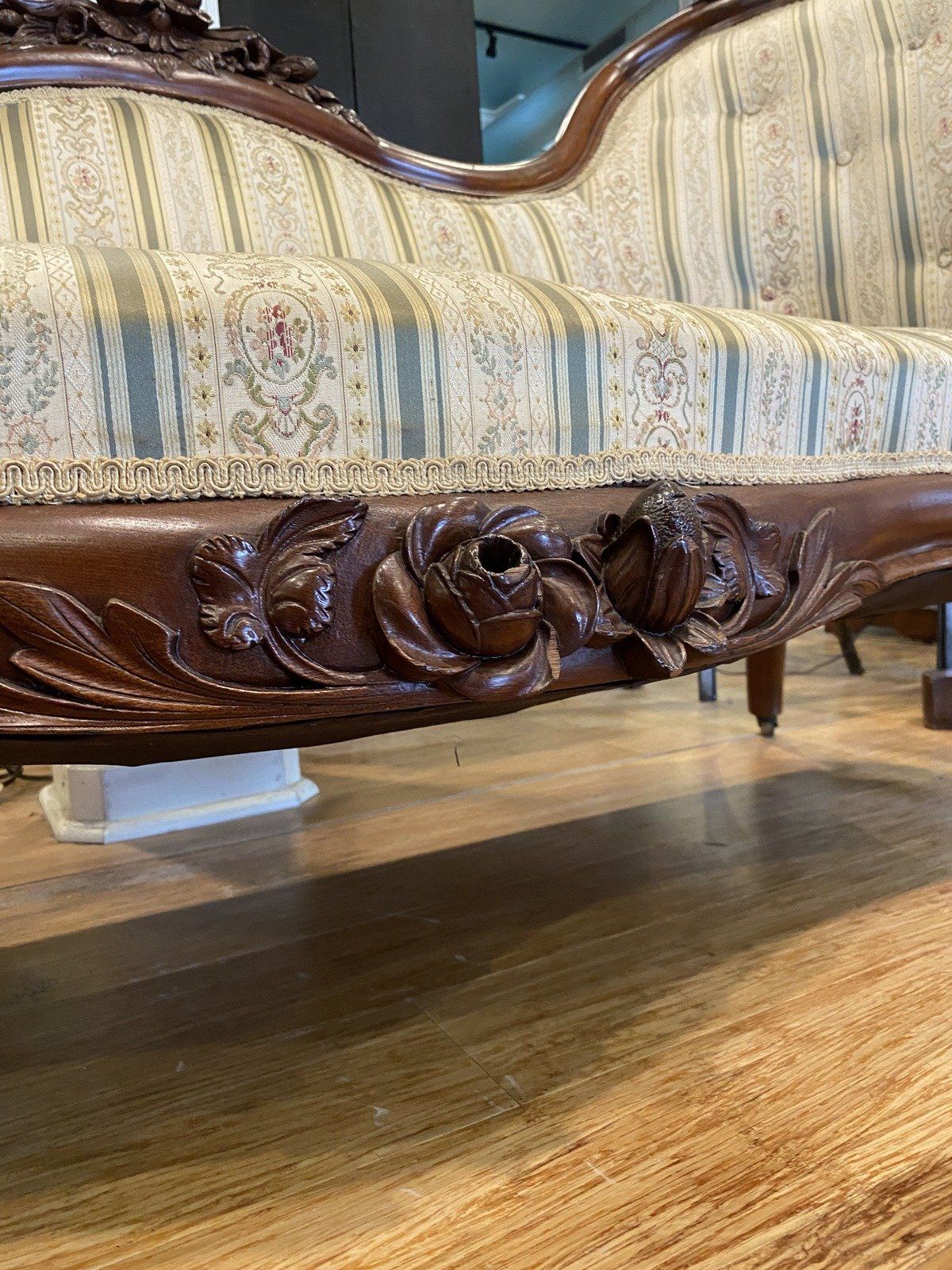 Antique Carved Rocco Style Calico Upholstered Settee #328 5