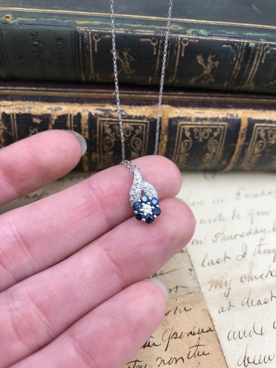 10k White Gold Diamond Blue Sapphire Flower Drop Necklace 2