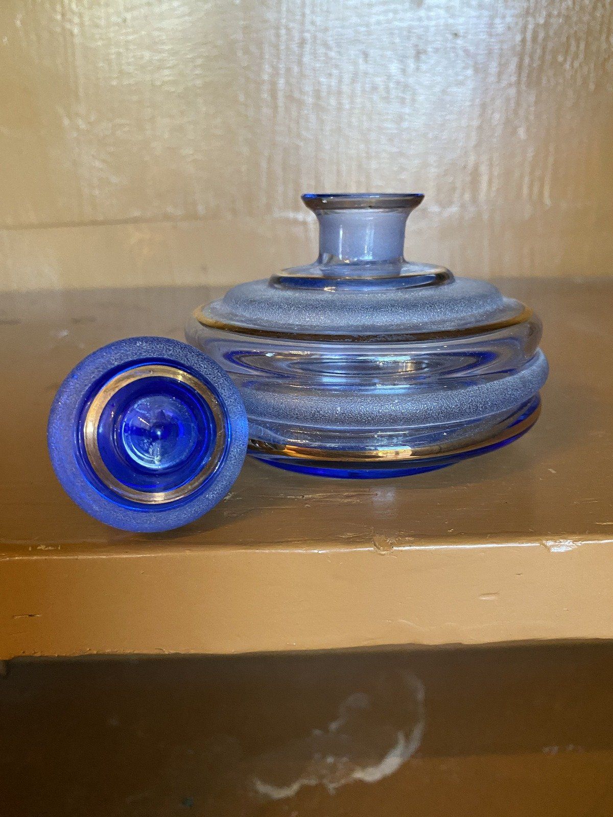 c.1950s Czech Blue Glass Perfume Bottle w Gold Circular Motif 2