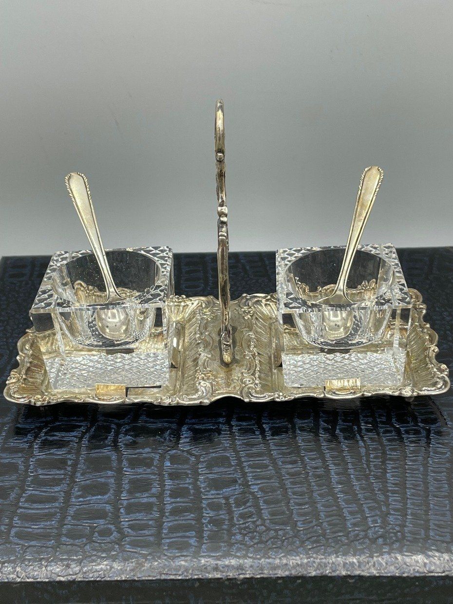Vintage German .800 Silver Salt Server w Cubic Crystal Inserts + Pair of .925 Demi Spoons
