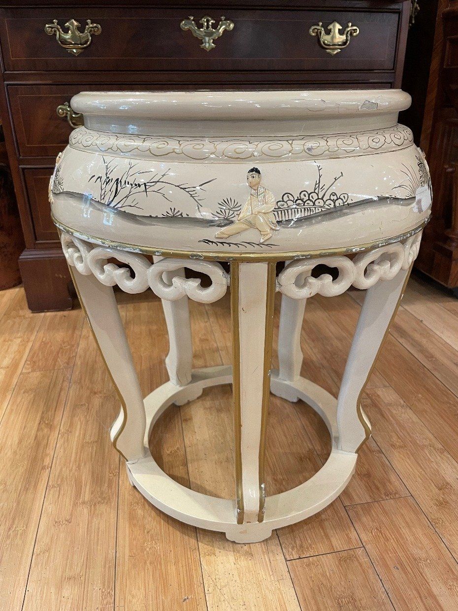 Antique Ivory Painted Oriental Fishbowl + Plant Stand w Figural Details 6