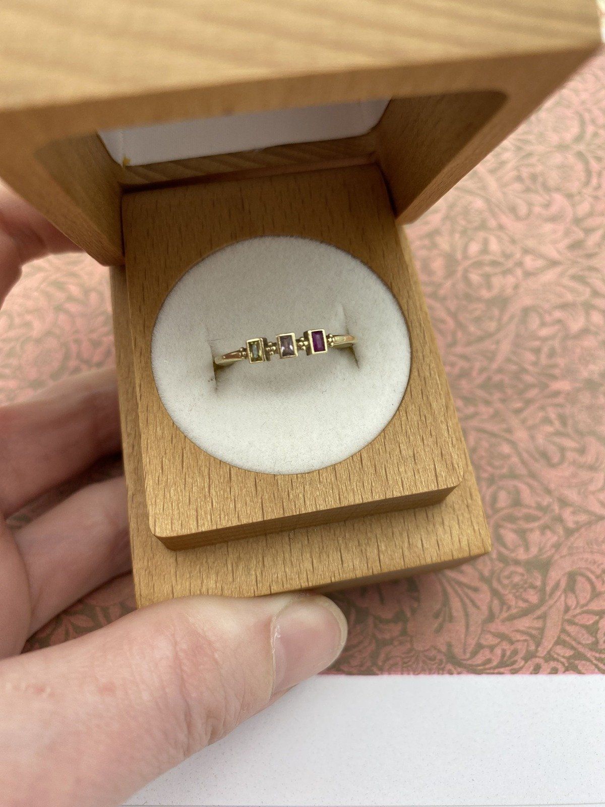 14k Gold Emerald Cut Ruby + Sapphire Duo Stackable Ring Band 2
