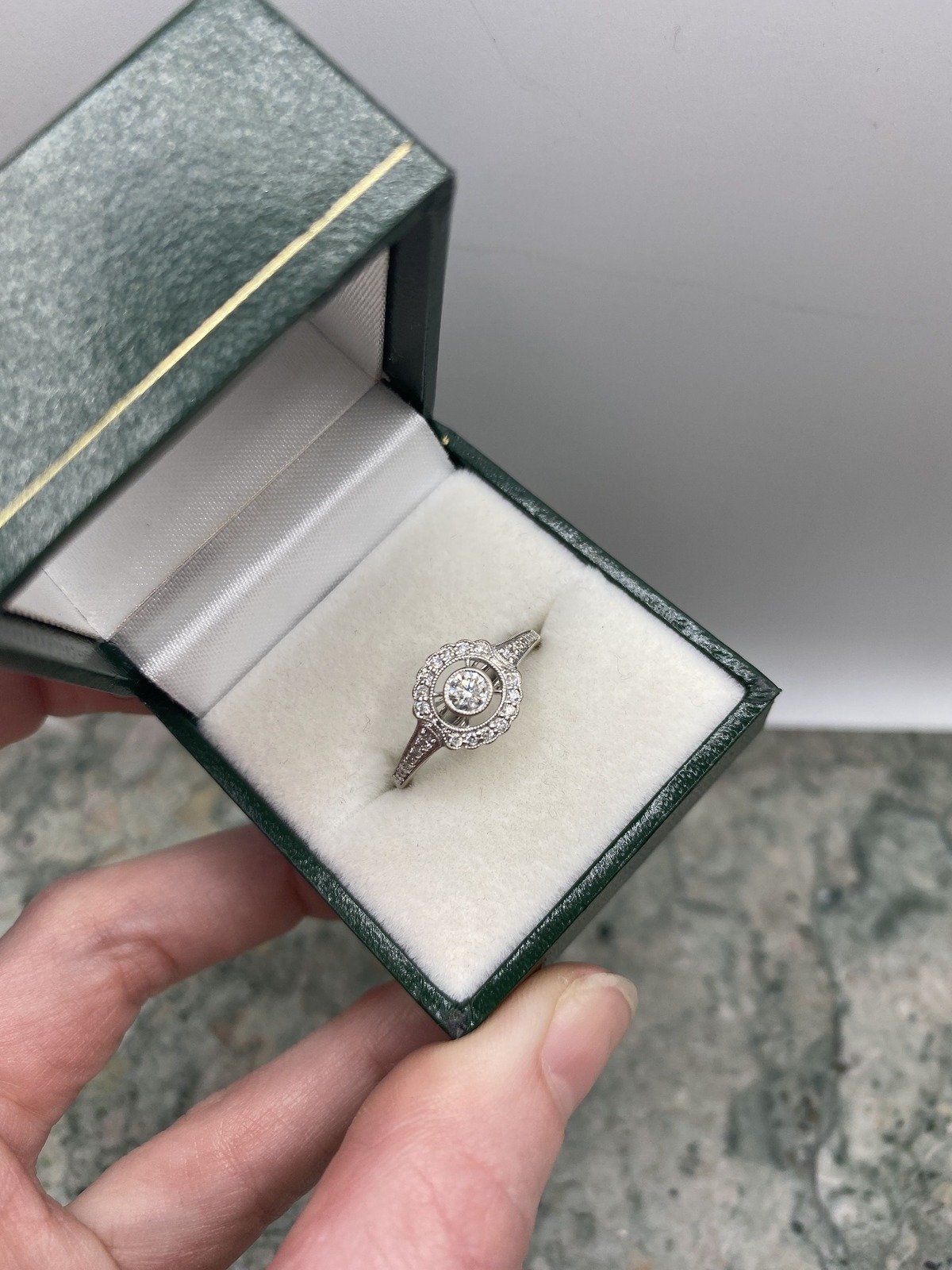 Modern 10k White Gold Floating Bezel Set .15ct Center Scalloped Milgrain Diamond Engagement Ring 2