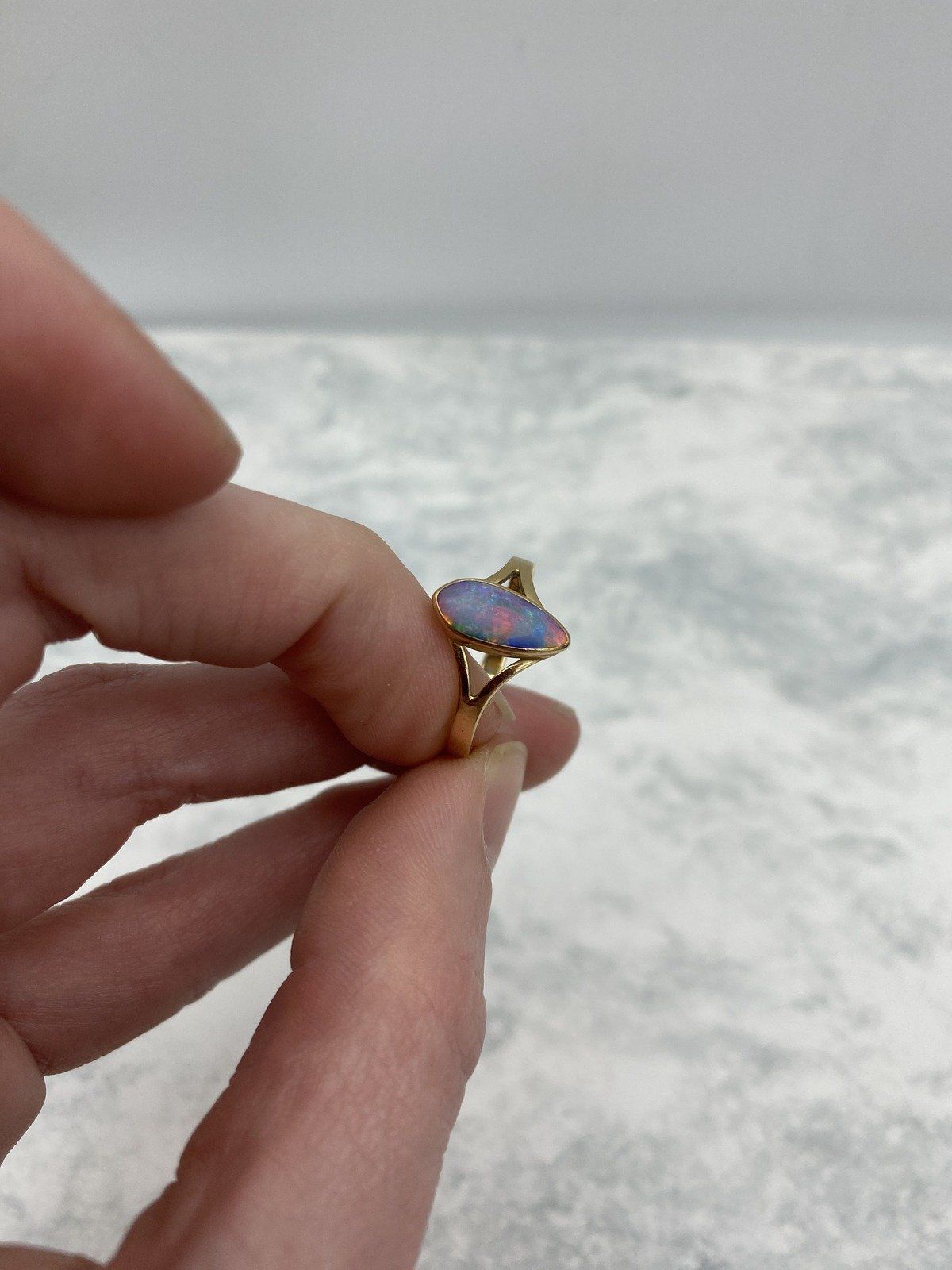 Lovely Narrow Pear 14k Gold Black Opal Ring w Lovely Fire + Split Shoulder Design 9
