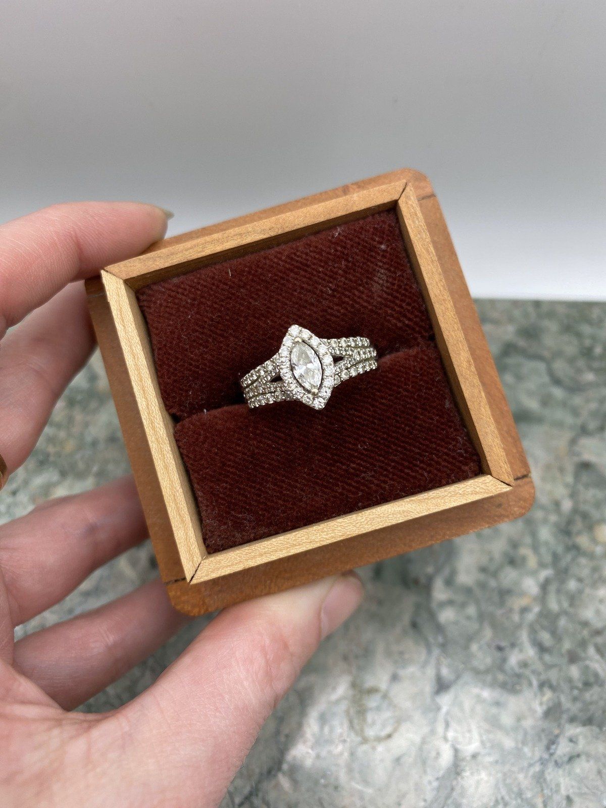 14k White Gold Marquise Diamond Bridal Ring w Soldered Band Guard #2542 2