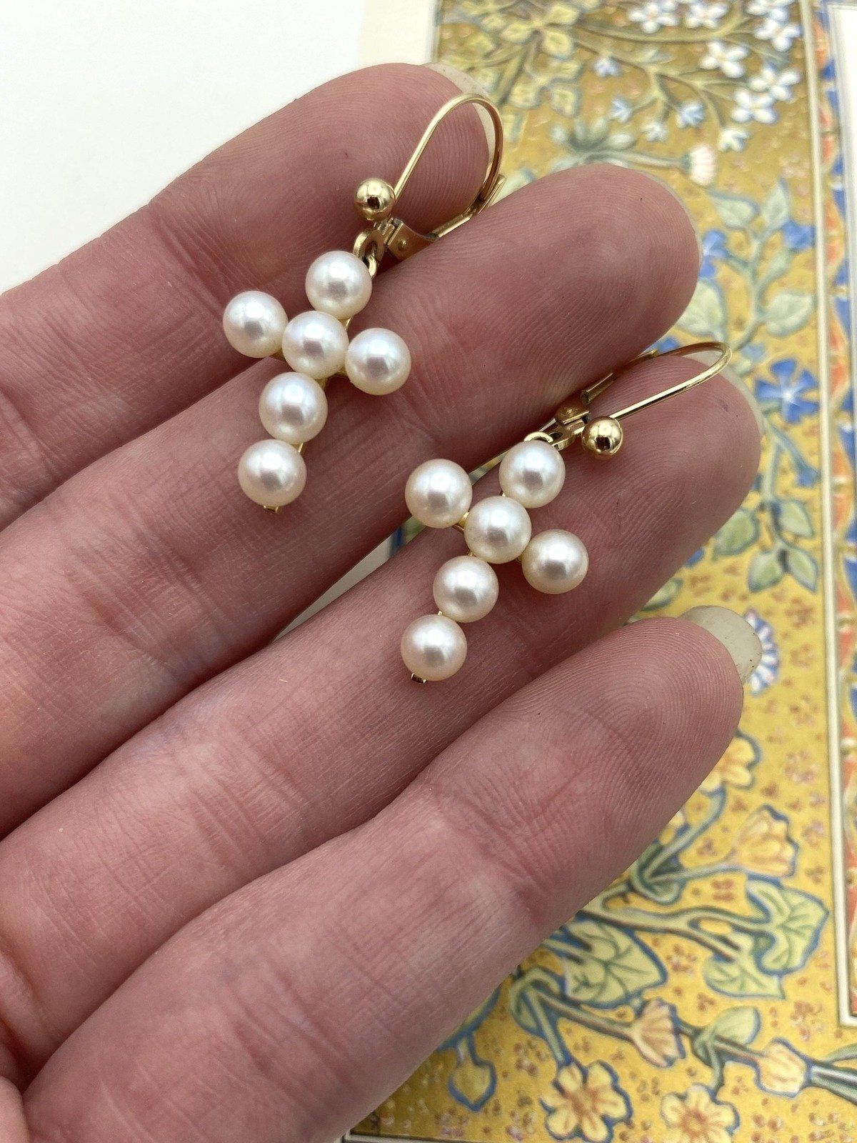 14k Gold Pearl Cross French Clip Drop Earrings #2551 2