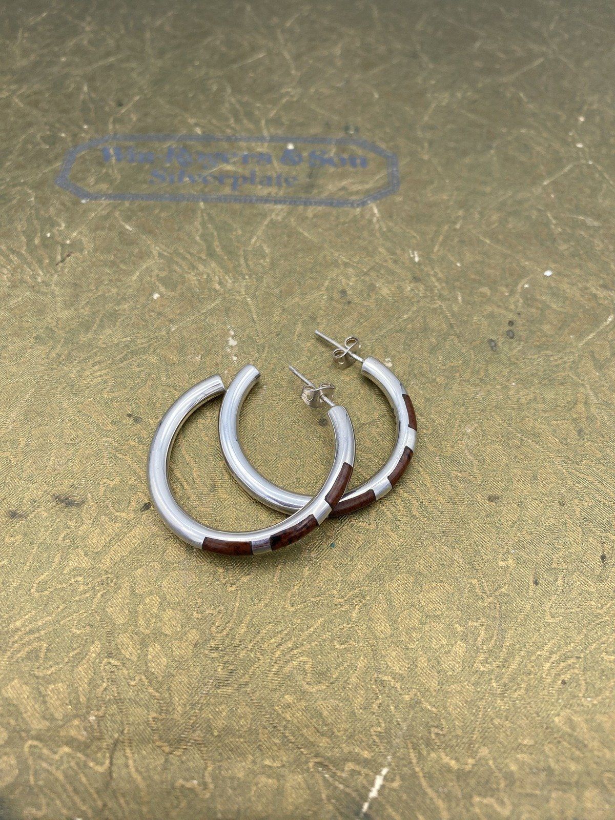 Sterling Silver Mexico Mahogany Obsidian Inlay Large Hoop Earrings 3