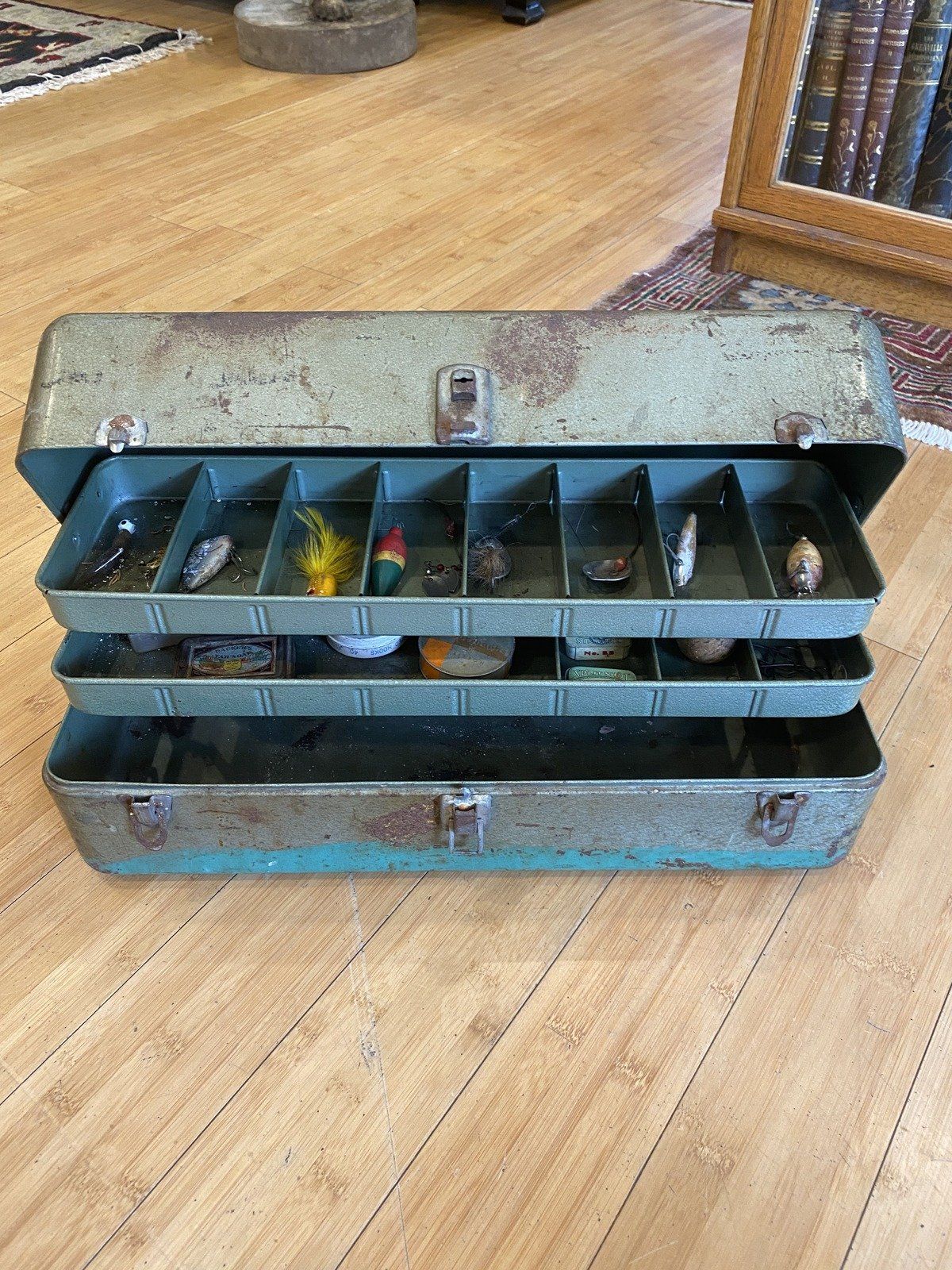 Vintage Belknap Blue Grass Metal Fishing/Tool Tackle Box + Misc. Fishing Accessories + Tins