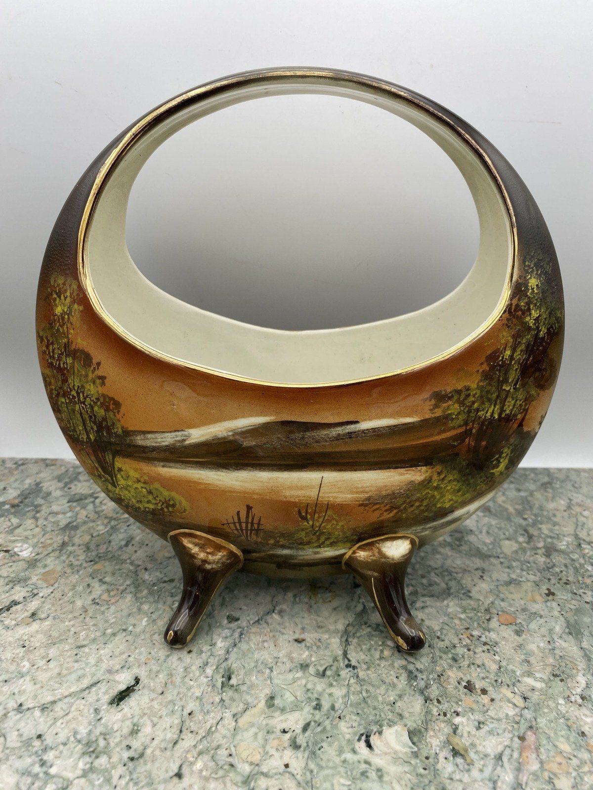 Circular Hand Painted Portuguese Porcelain Landscape Footed Vase - Signed 5