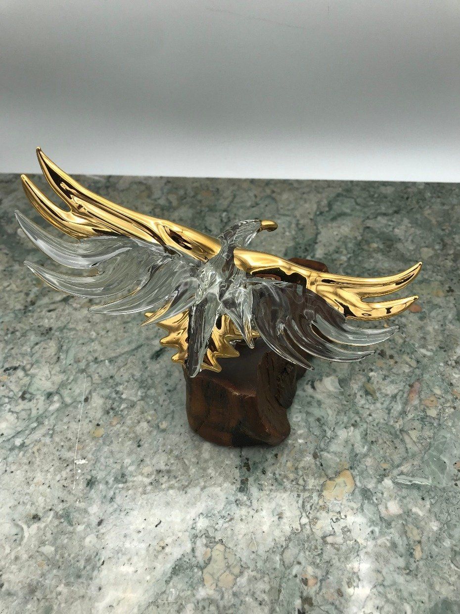 Glass Blown Eagle w Gilt + Small Wood Mound Base 3