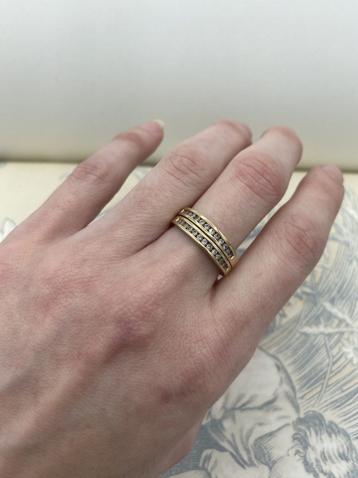 Matching Ladies 14k Gold Channel Set Solitaire Diamond Ring Gaurd Bands 4