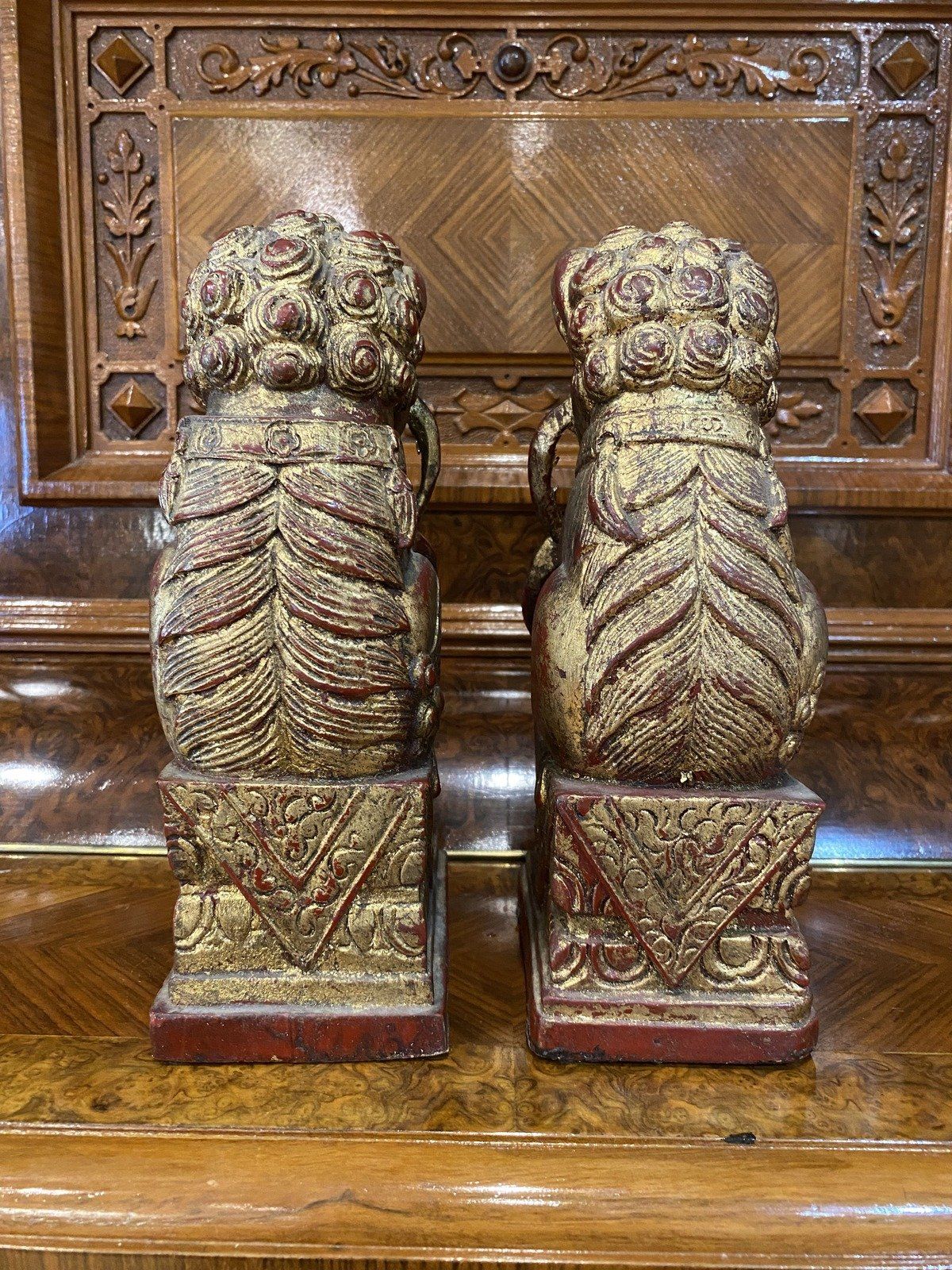 Cinnabar Red + Gilt Plaster Foo Dogs Sculptures 8