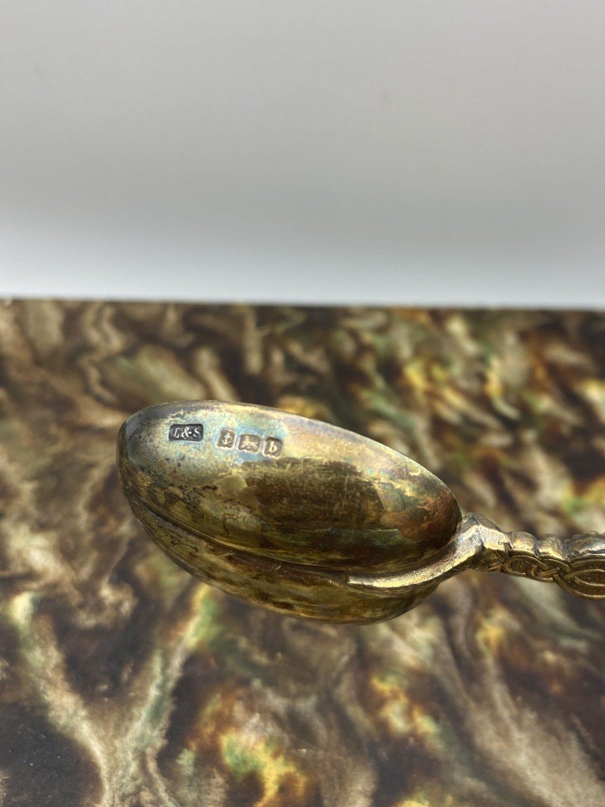 Edwardian c.1910s English Ornate Gilt Sterling Silver Anointing Spoon 9