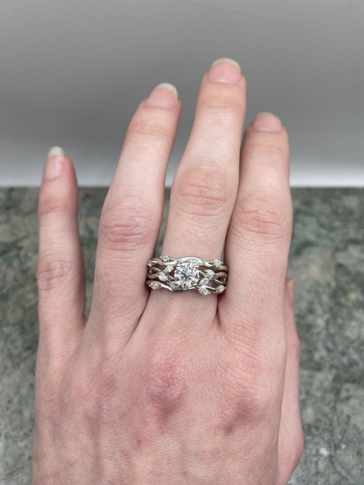 Unique 14k White Gold 1ct Solitaire Center Diamond Engagement Ring + Marquise Scalloped Frond-esc Matching Diamond Bands 5