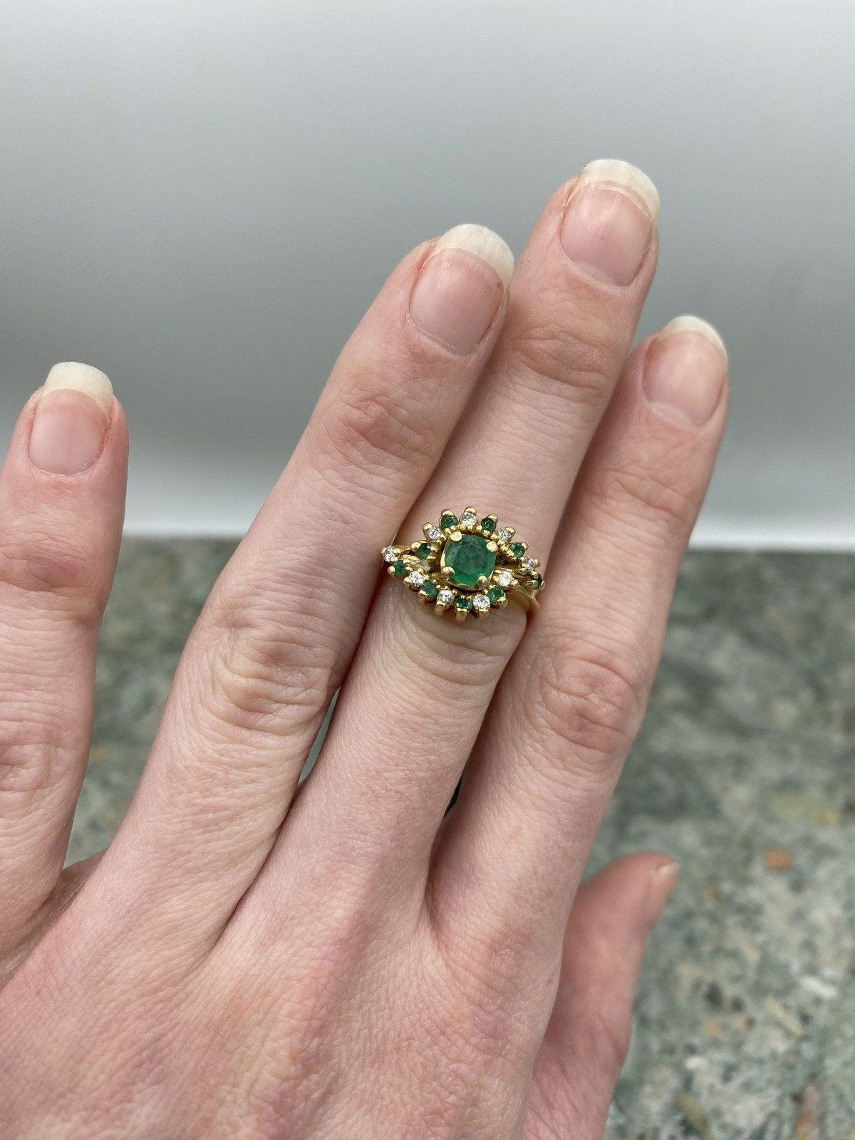 14k Gold Emerald Solitaire + Diamond Bypass Halo Ring 4