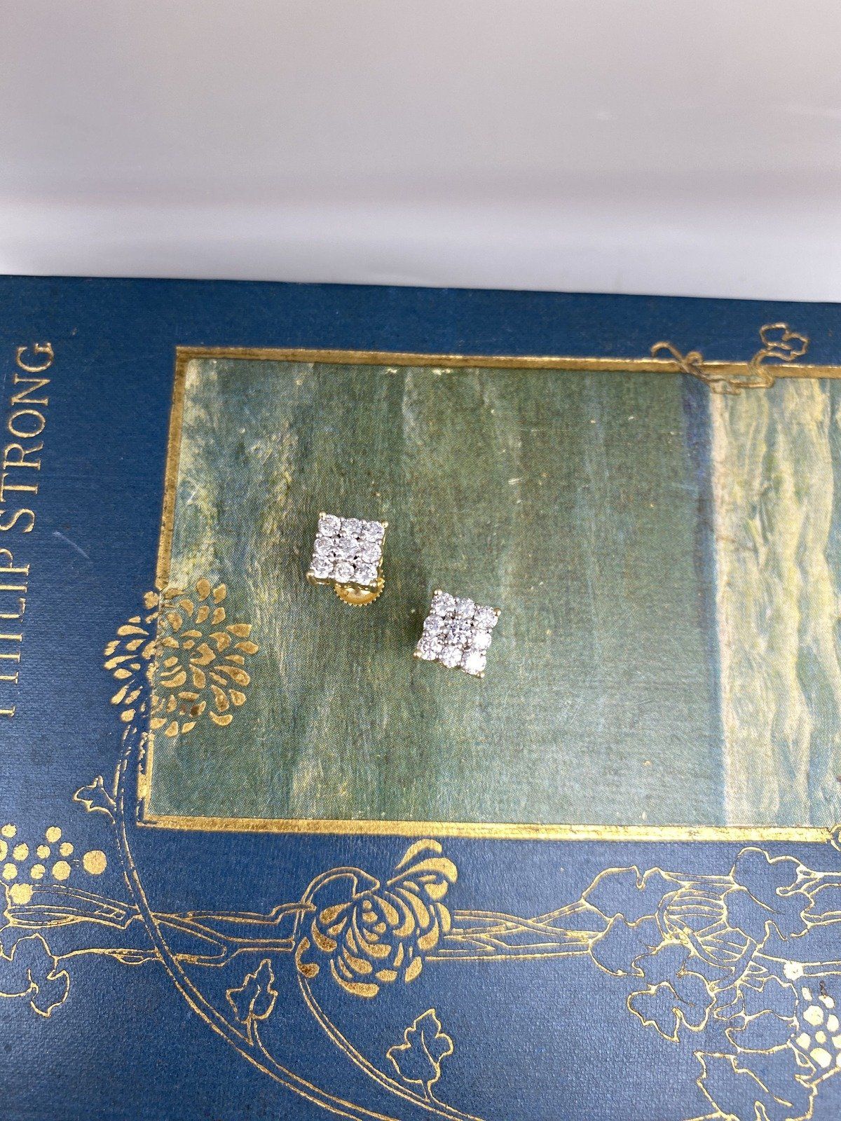 14k Gold Diamond Princess Cut Cluster Screw Back Stud Earrings 3