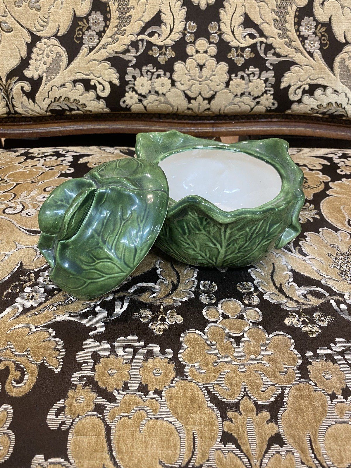 Vintage Holland Mold Lidded Cabbage Leaf Majolica Ceramic Serving Bowl + Lid 12